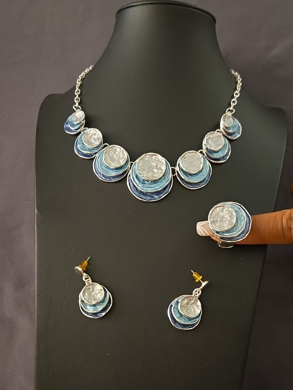 Silver-Tone Blue Layered Disc Necklace Set with Earrings and Ring